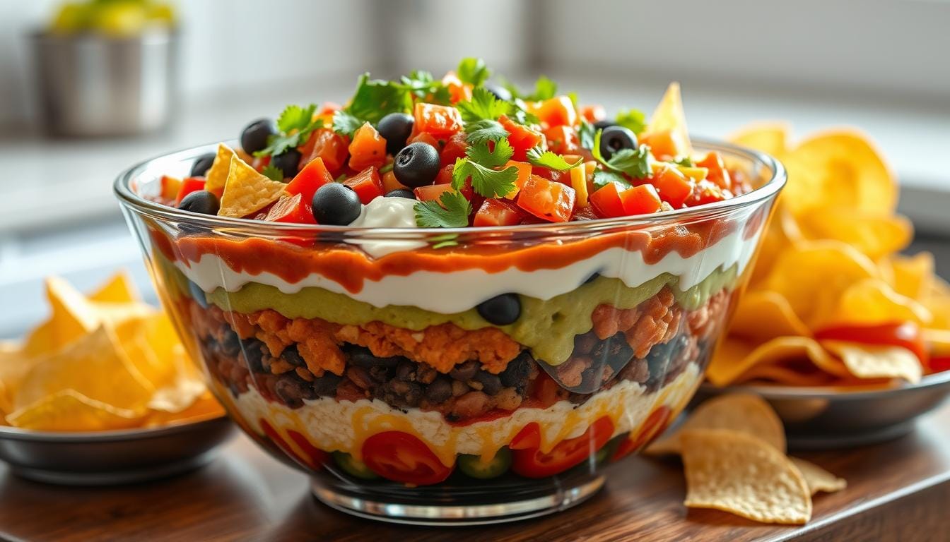 seven layer dip in trifle dish